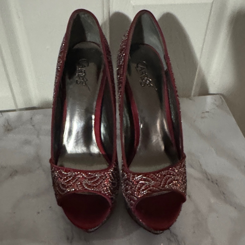Carlos Santana Red Embellished Peep Toe Heels